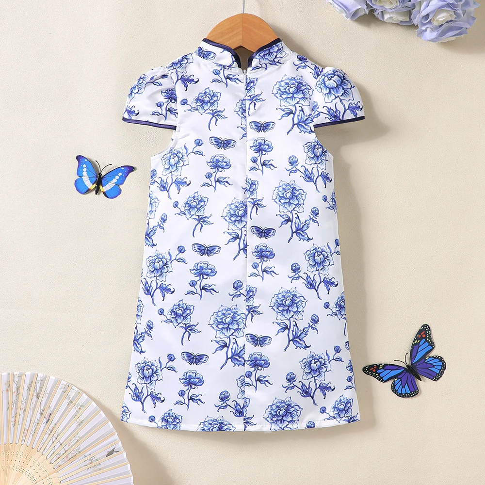 Summer style Chinese style blue and white porcelain printed cheongsam dress for girls