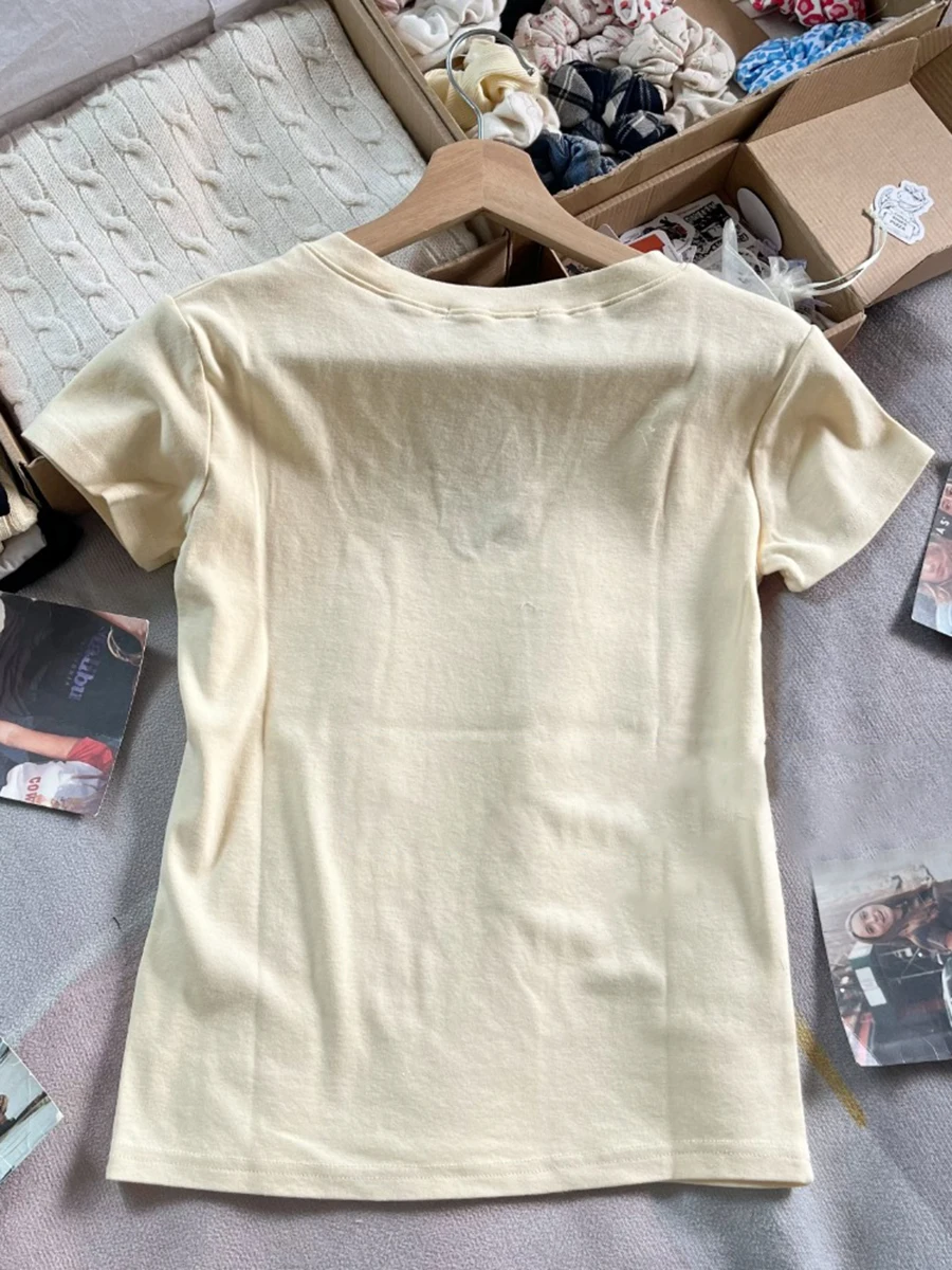 الحلو زر الأصفر سليم تي شيرت الصيف الخامس الرقبة القطن الأساسية قصيرة الأكمام تيز المرأة خمر نمط Preppy بلايز بسيطة بلايز جديد #4