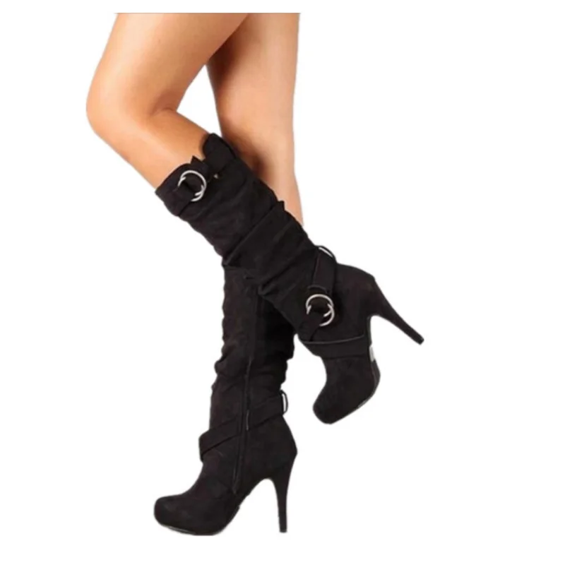 2024 Women Boots Autumn and Winter New High Heels Knight Boots Fashion Retro Belt Buckle Knee High Boots Female Plus Size 43