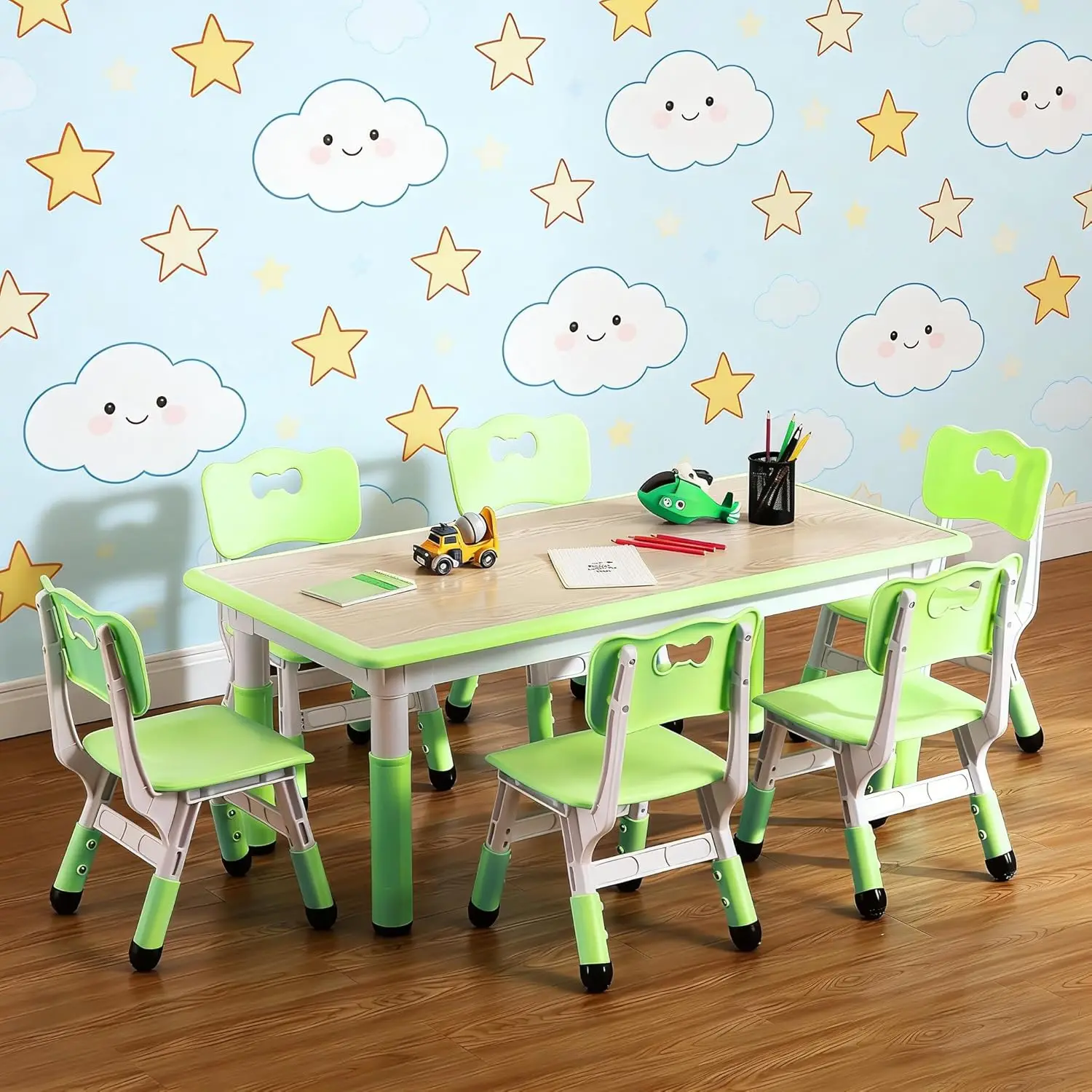 

Детский стол и 6 эргономичных стульев: регулируемый по высоте комплект для детей 2-10 лет, для дома, класса, детских садов