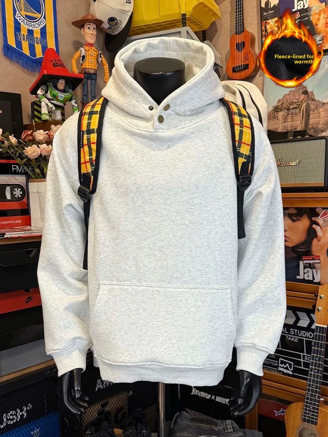 Sudadera con capucha para hombre, forro polar, corte holgado, peso pesado, resistente, azul metalizado, con estampado floral blanco, informal, cálida, de manga larga