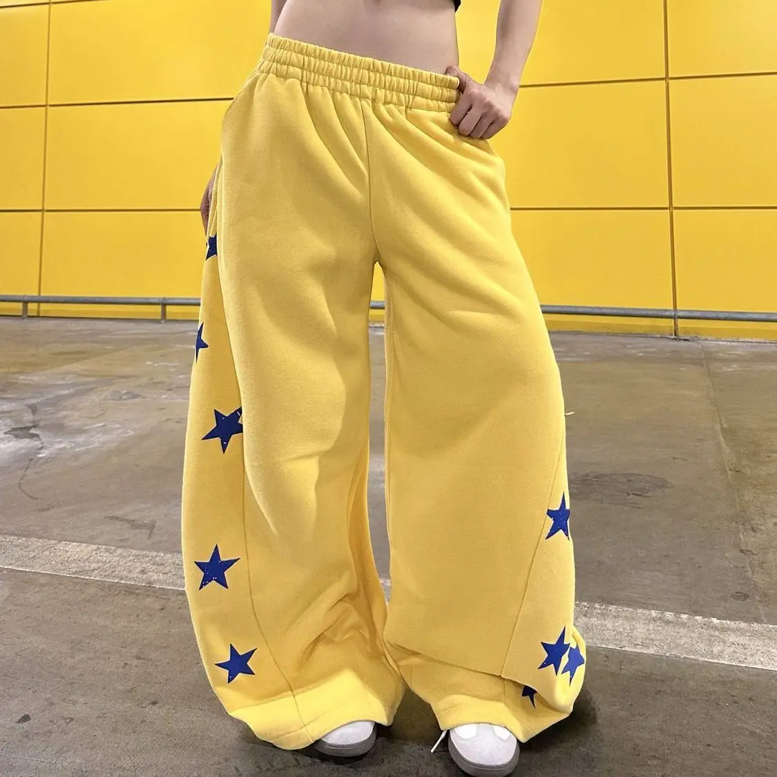 Men Women Straight Trousers 3D Solid Yellow Side Star Print Quick Dry Pants Elastic Waist Drawstring Hip Hop Sport Long Pants