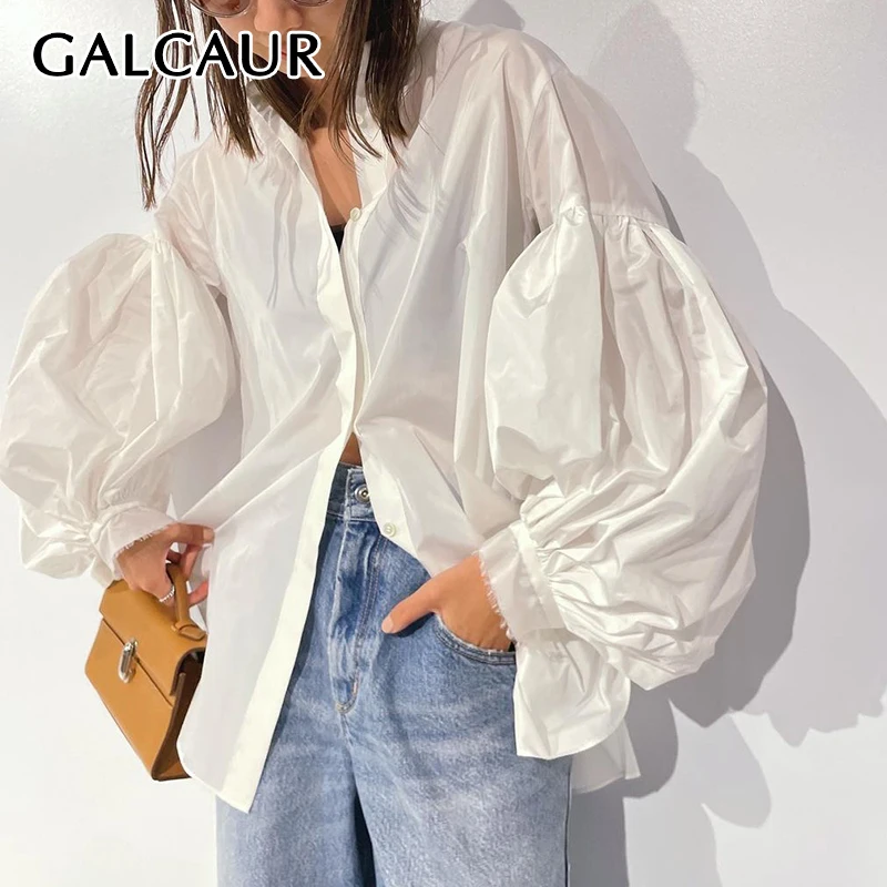 

GALCAUR Solid Patchwork Folds Blouse For Women Lapel Lantern Sleeve Spliced Single Breasted Elegant Chic Shirt Female Autumn New