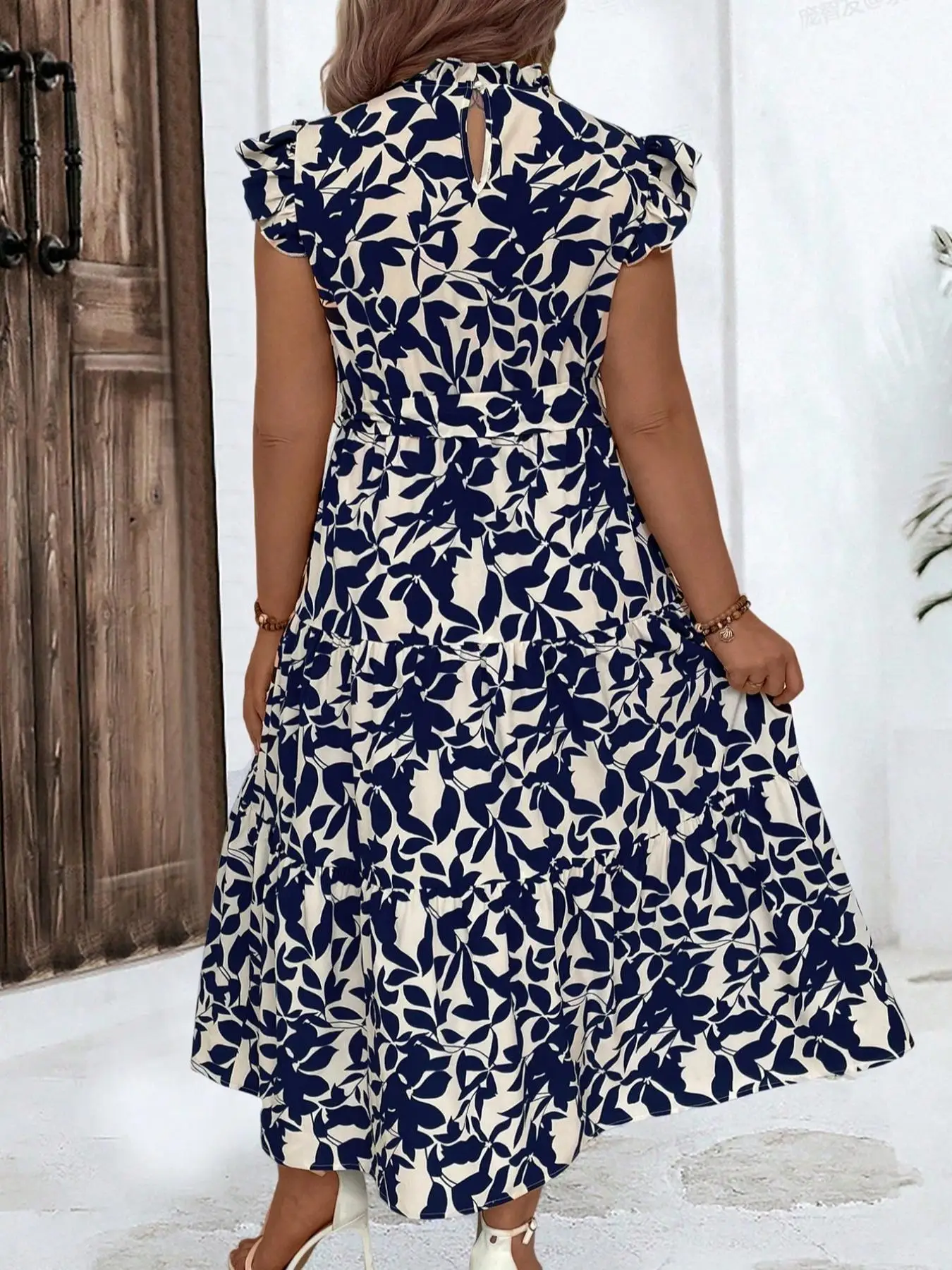 Plus Size Floral Print Ruched Belted Ruffle Dress, Boho Butterfly Sleeve High Waist A Line Dress for Beach Holiday Vacation, Wom