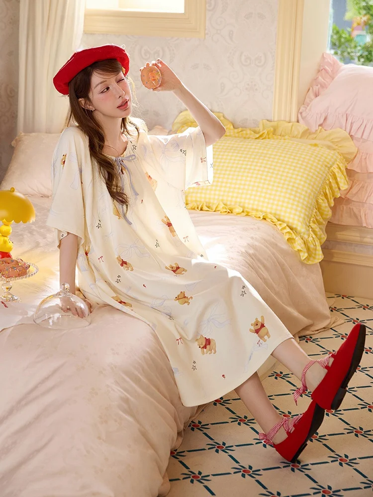 pure-cotton-short-sleeve-sleep-dress-winnie-the-pooh-casual-home-wear-women's-clothing-summer-comfortable-pajamas