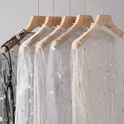 Women Sexy Mesh See Through T Shirt Perspective Flower Pattern Crop Top Long Sleeve Beach Cover Transparent T Shirt Tops Women