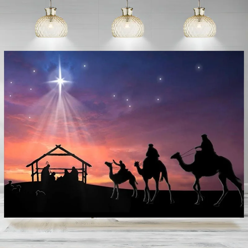 Stable Nativity Scene Background Shiny Star Birth of Christ Jesus Camels Manger Backdrop Church Religion Photography Banner