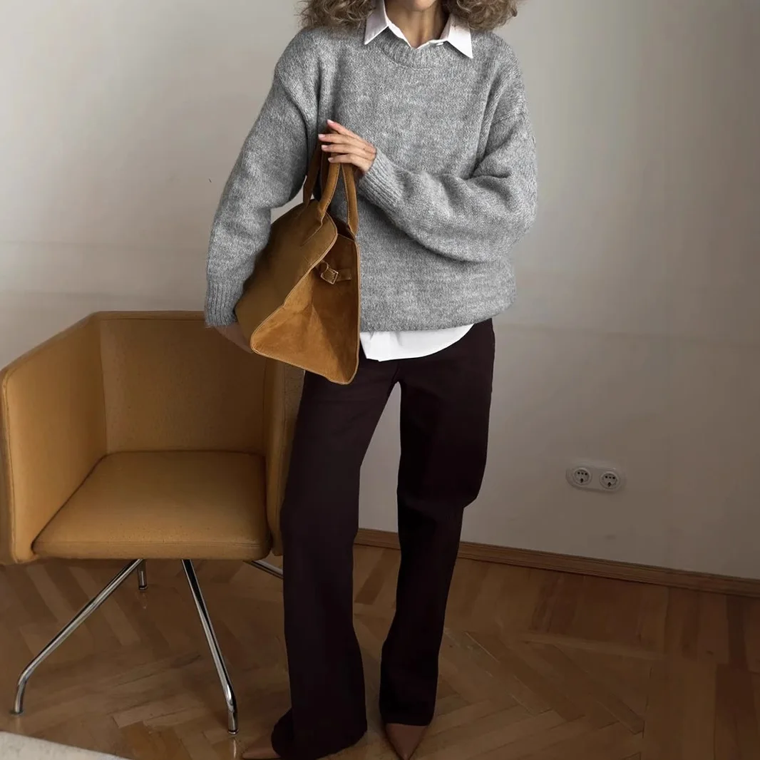 

Solid Color Sweater For Women Loose Round Neck Long Sleeve Knitted Pullover 2025 Autumn Warm Simple And Fashionable Streetwear