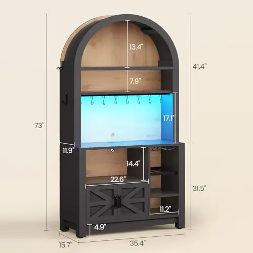 73" Tall Arched Bakers Rack with Power Outlet and LED Light, Farmhouse Coffee Bar Cabinet, Kitchen Microwave Stand with image 3