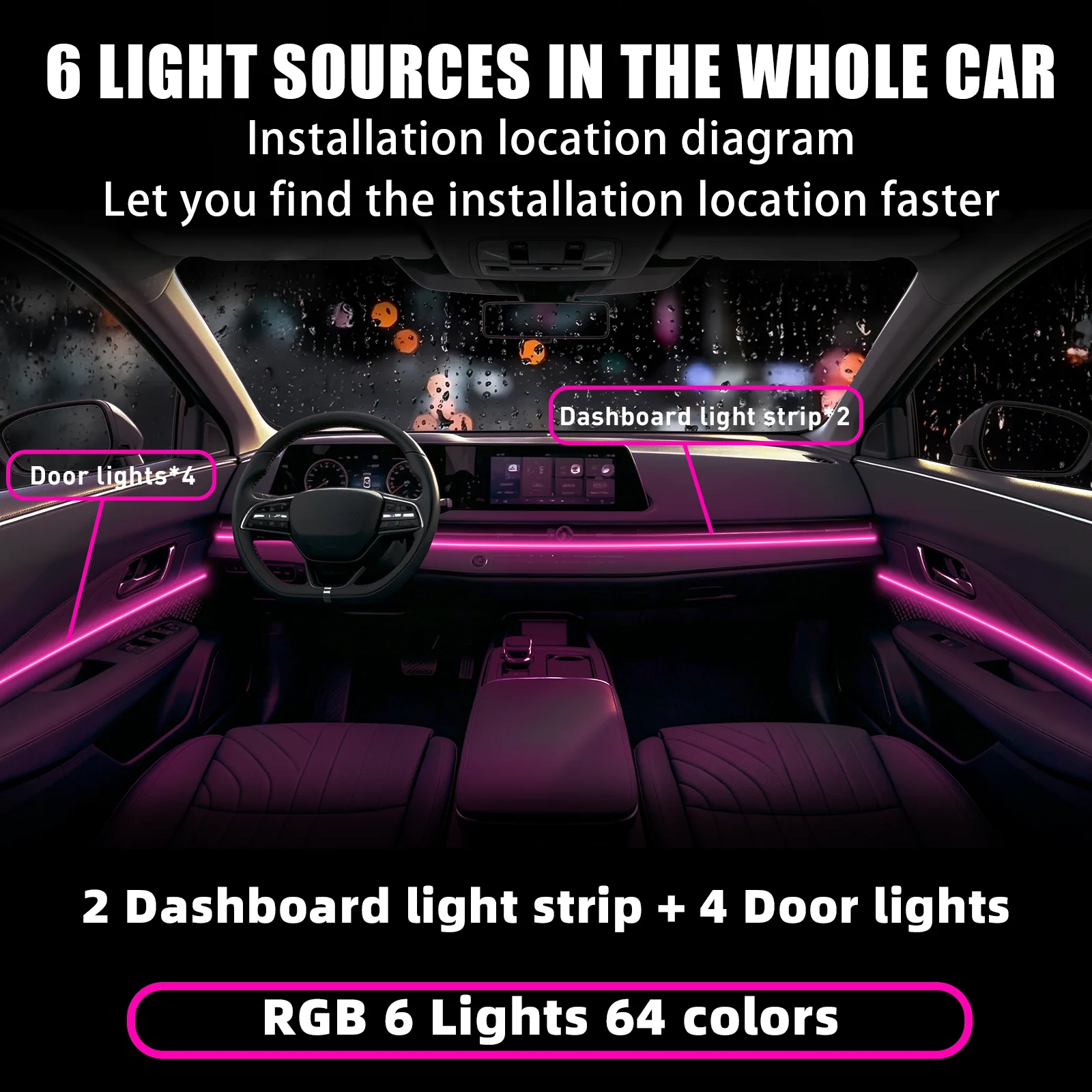 For TOYOTA Sienna 2014‑2018 6 Lights RGB Kit 256 Colors 6 in 1 Hidden Acrylic LED Strip Fade in Fade Out Neon Light Strip Gentle Brightness Transition Auto Interior LED Decor Modification Supplies