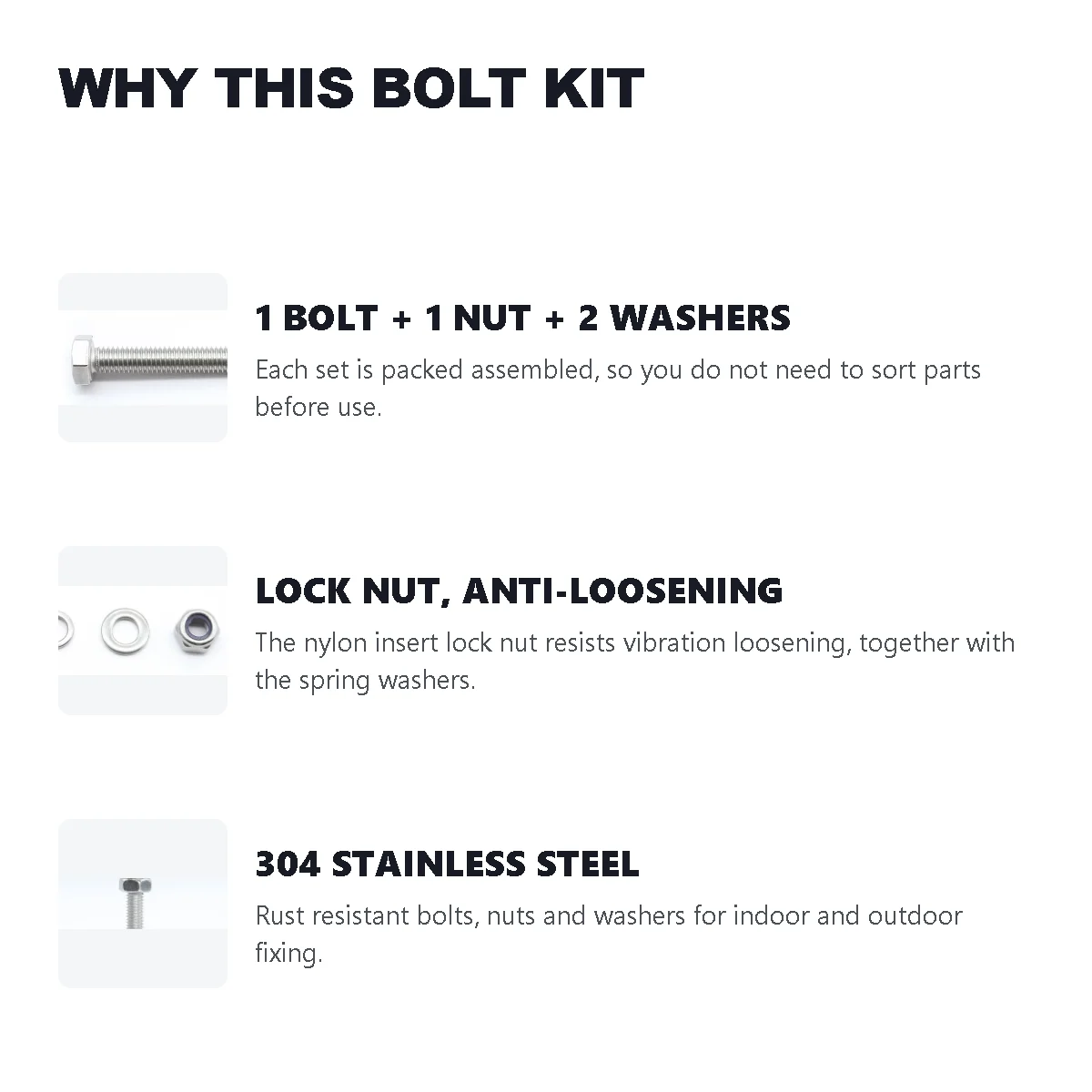 Hex Bolt Nut Washer Kit 304 Stainless Steel M4 M5 M6 M8 M10 M12 with Lock Nut and Spring Washer 10 SetsHex Bolt Nut Washer Kit 3