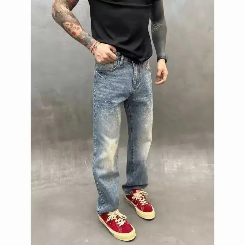 

Summer Large Size 250 Pounds Washed Outdated Yellow Clay Dyed Men's Vibe Straight Leg Wide Leg Pants Micro Flared Jeans