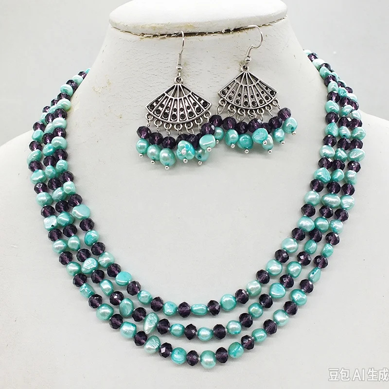 Classic, party necklace. 3 rows Natural Baroque pearls, crystal, earrings Women's jewelry necklace set