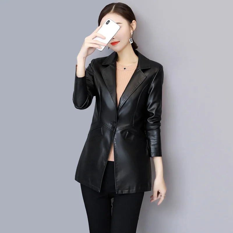 春秋の新作本物のシープスキンレザージャケット女性のミッドレングススリミング大きいサイズスーツアウター