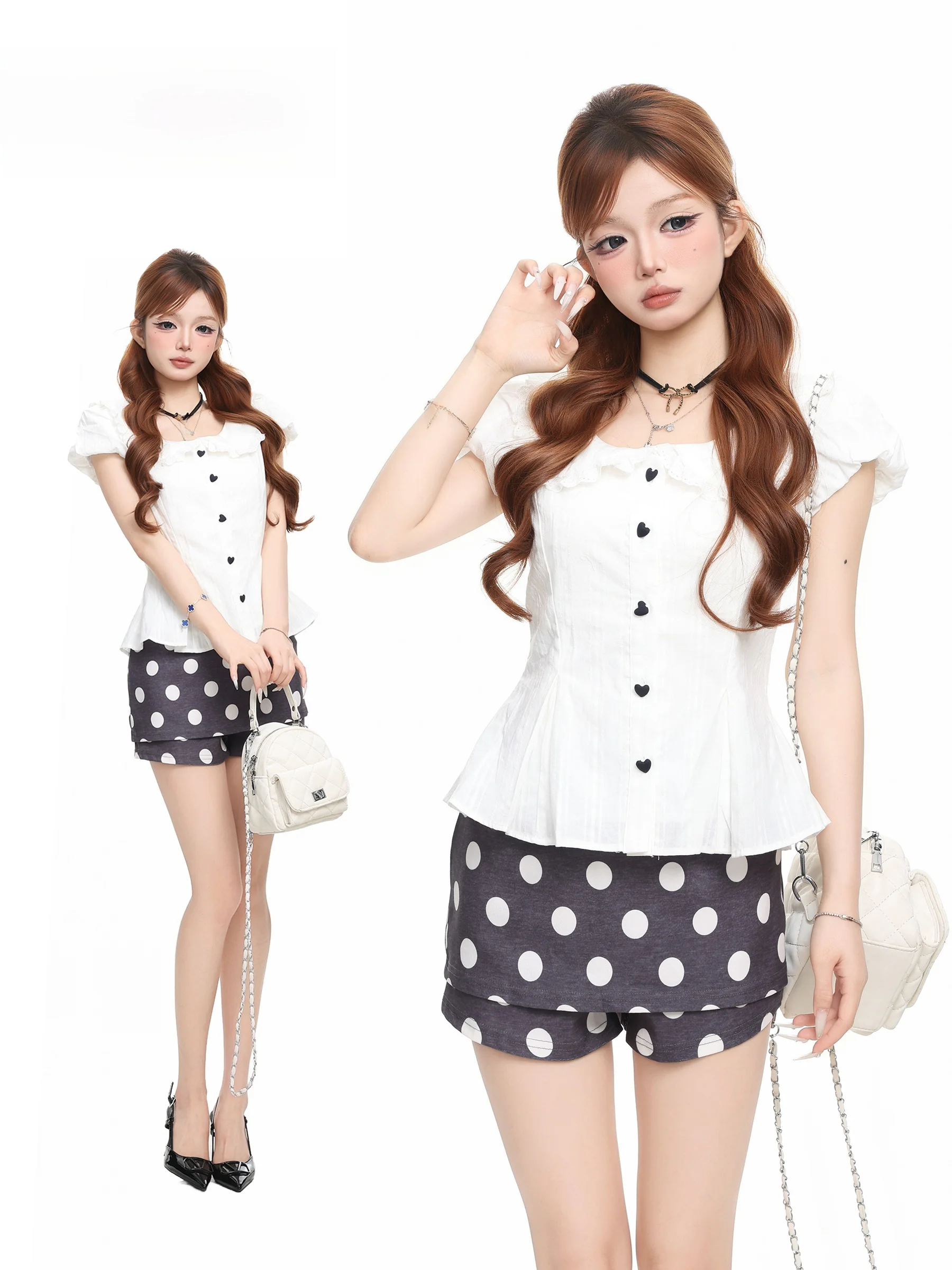 BASTERDS Korean Style Short Sleeve Shirt Women's Slim Fit Waist Cinched Doll Collar Top Breathable Cotton Polyester Blend
