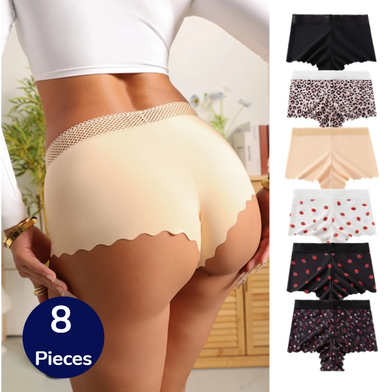 BZEL 8PCS Women's Underwear Fashion High Waist Boxers Leopard Print Hollow Charming Sexy Lingerie Breathable Cozy Boyshorts Sale