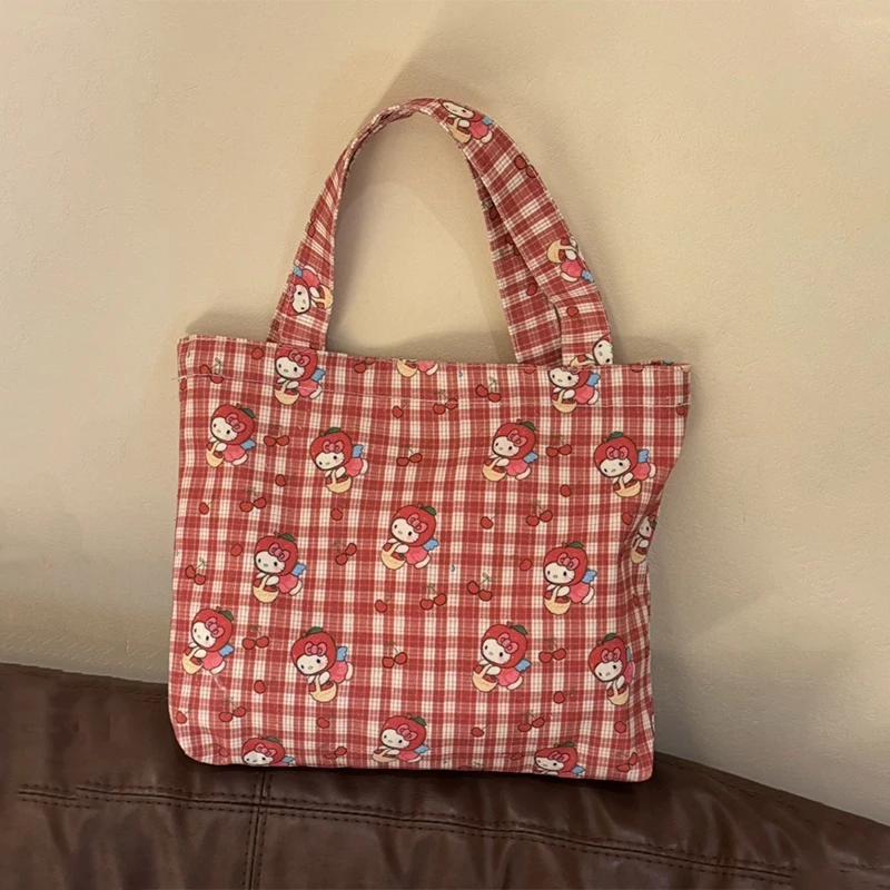 Sac à main Hello Kitty Sanurgente en toile avec fermeture éclair, sac de rangement de voyage à carreaux imprimé dessin animé, sac de maquillage Kawaii, sac à lunch décontracté, sac à main Bento mignon