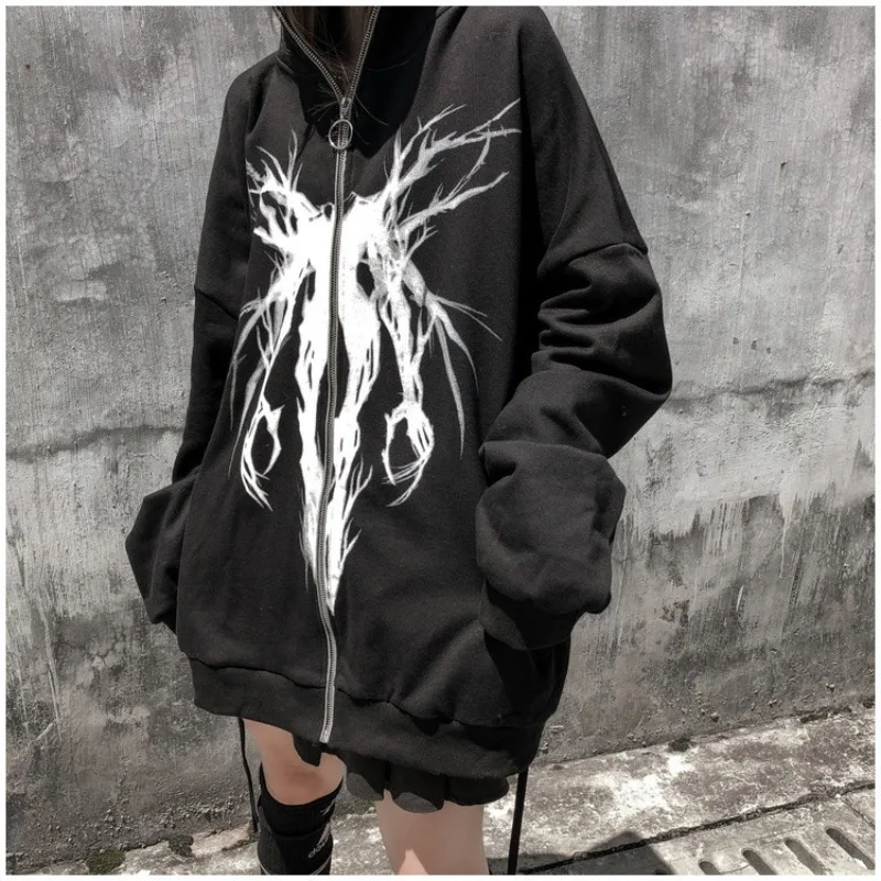 

Hoodies Anime Loose Women Sweatshirt Pop Printing Zipper Men Hooded O-Neck Female Jacket Zip Up Hoody Hoodie Black Y2K Top