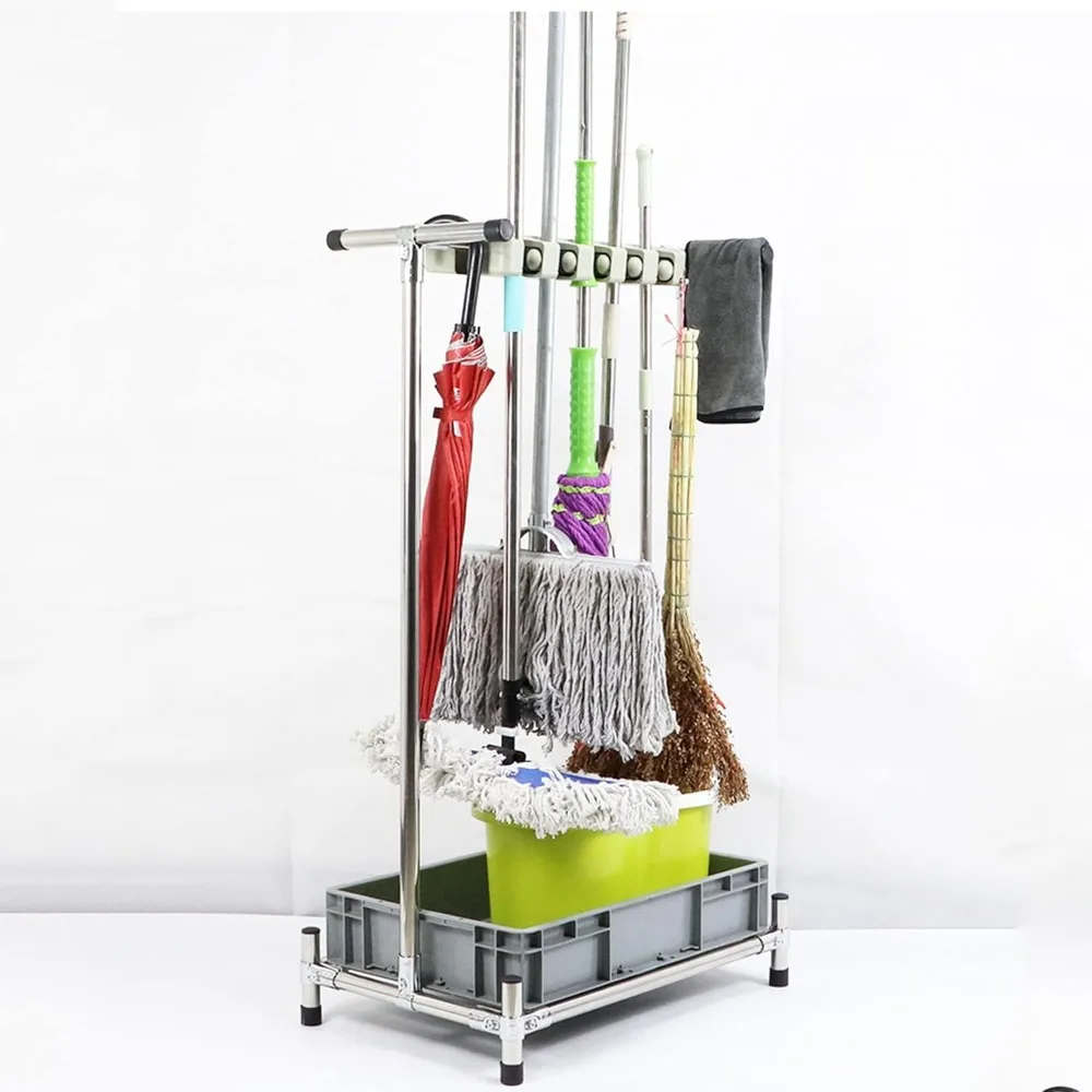Soporte para fregona y escoba de acero inoxidable montado en el suelo, organizador de suministros de limpieza comercial con escurridor