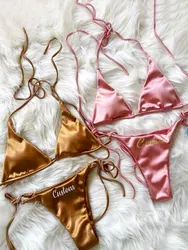 2pc sexy Bikini setzt benutzer definierte Name Tangas für Frauen Mode Sea beach Unterwäsche DIY G-String Stickerei Buchstaben Mädchen Geburtstags geschenke