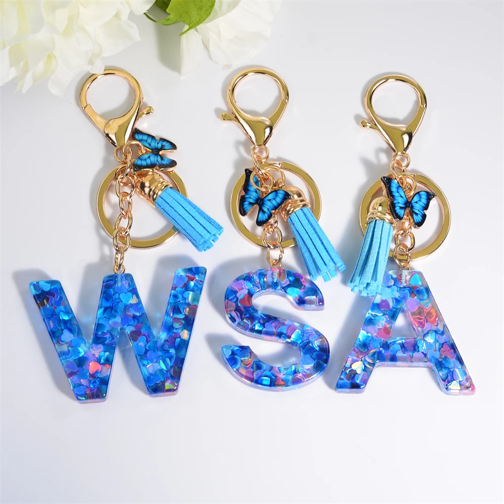 Blue Heart Sequin Filled 26 Letters Keychain for Women Fashion Butterfly Pendant with Key Ring Purse Bag Decor Friendship Gifts