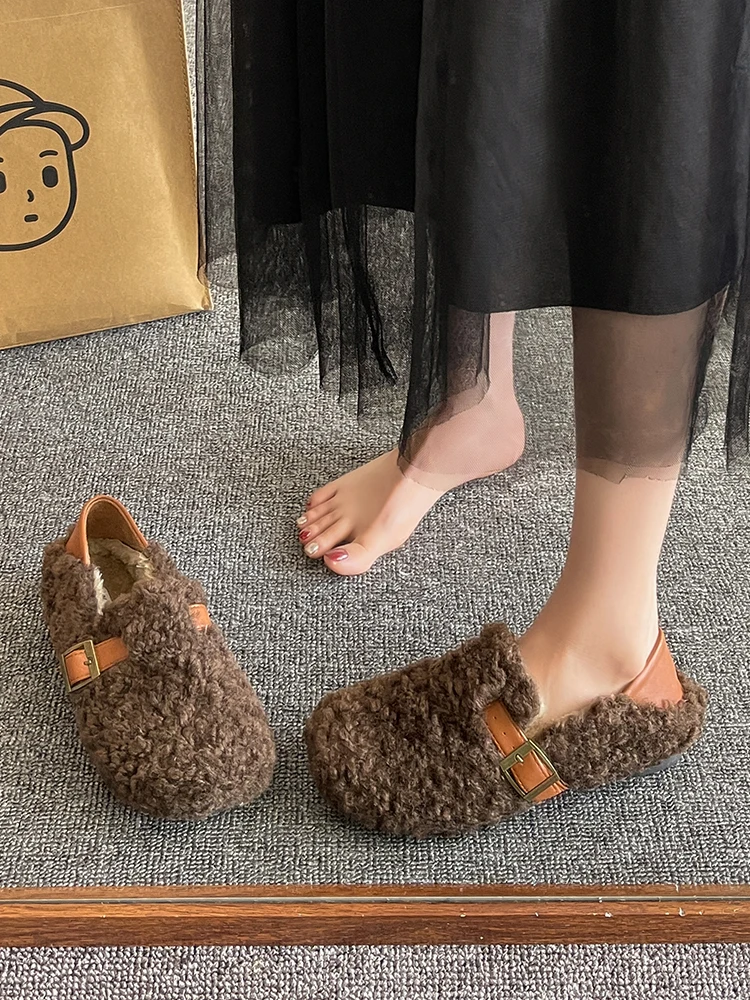 Cover Toe Shoes Woman\'s Slippers Slides Low Flock Loafers Fur Flip Flops 2023 Summer Flat Plush with fur Rubber  Basic