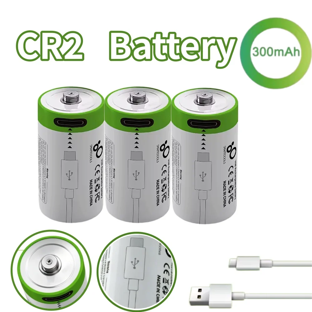 2-10PCS CR2 3.7V 300mAh Li-ion Rechargeable Battery with Charging Cable for Camera, GPS, Security and Medical Tools