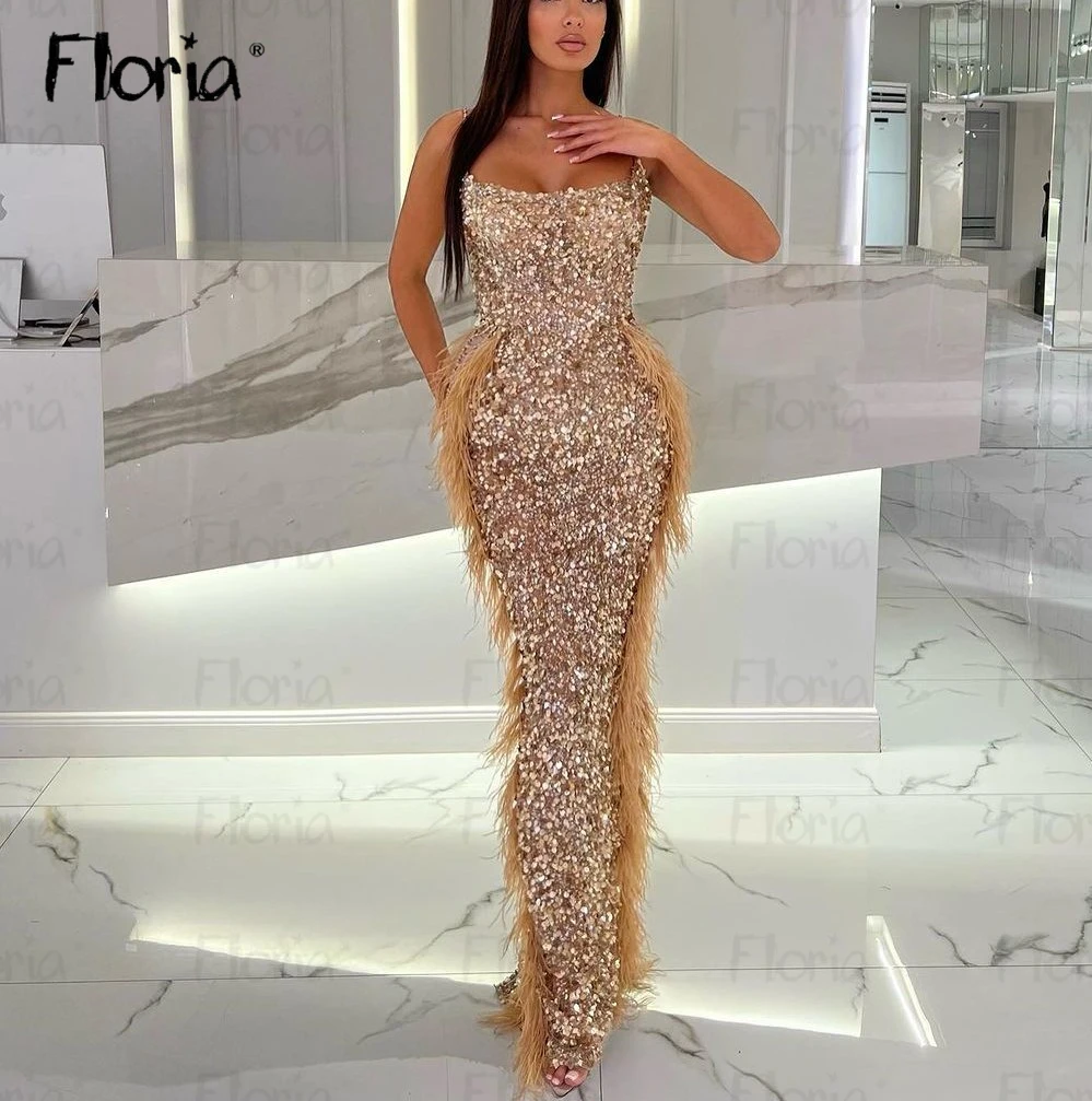 Feather Dark Champagne Evening Dress Sparkly Sequins Cocktail Night Party Dress Custom Made Spaghetti Straps Midi Long Prom Gown