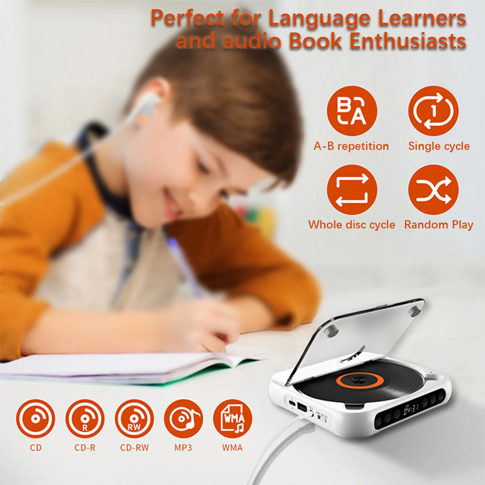 D Player Portable BT Music Player CD Runner with Dust Proof Cover A-B Repeat Timer Remote Control External Playback Function