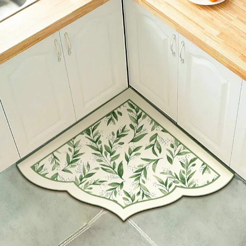 

Chinese Kitchen Corner Carpet Floral Leaf PVC Rug Fan-shaped Irregular Door Mat Retro Elegant Water-absorbing Floor Mat Alfombra