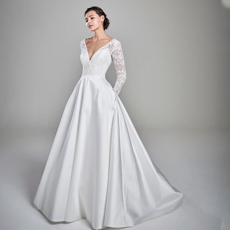 

Vintage Long Sleeves V-Neck Lace Wedding Dresses Backless Buttom Back Satin Bridal Grown Robe De Mariée Vestido
