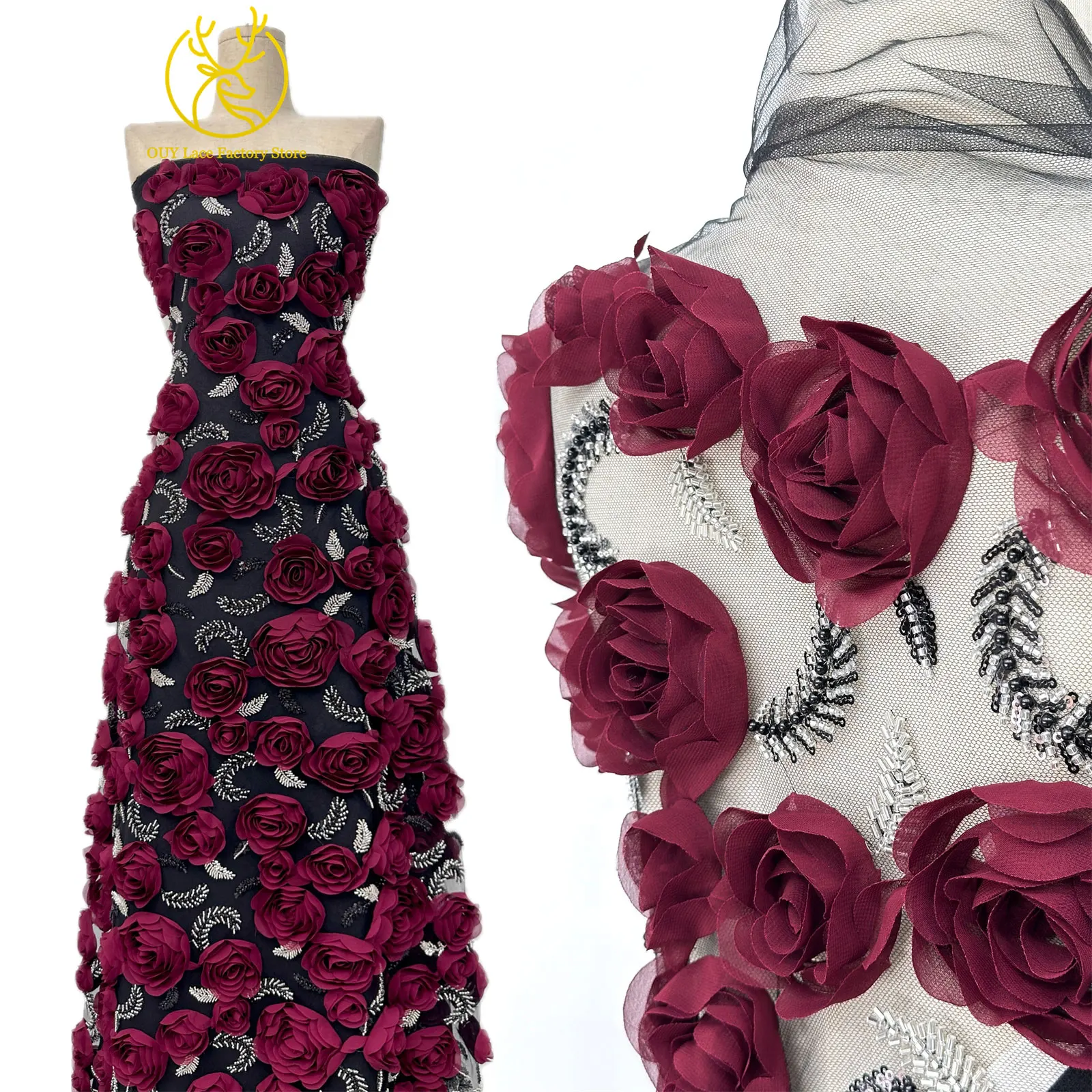 3D-Rosen-High-End Nigerianischer Tüll-Spitzenstoff 2026 – Hochwertiger afrikanischer Pailletten- und Perlen-Spitzenstoff für Brautkleider und Hochzeitskleider zum Nähen – Detail 6