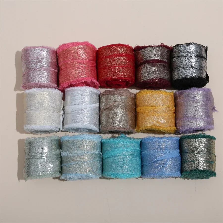 1 Rolle 5 Yards handgefertigtes, ausgefranstes Satinband mit Bronzierung für Hochzeitseinladungen, Blumensträuße, Geburtstagsfeiern, DIY-Dekoration, Geschenk – Detail 4