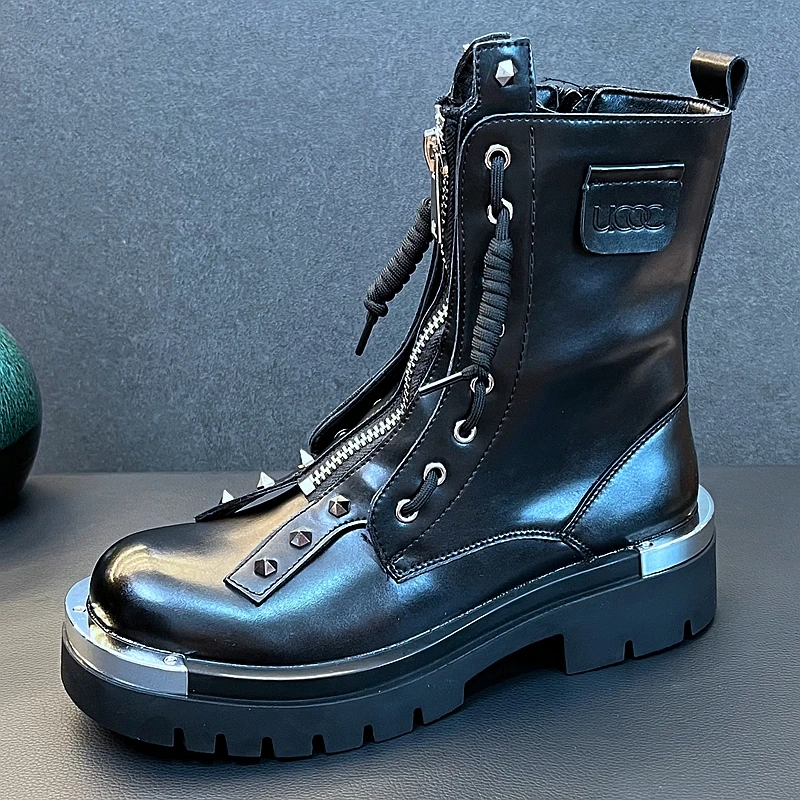 Luxury Designer Youth Trending Rivets Punk Style Boots New Arrival Front Zipper Thick Botttom Metal Decoration Botas Hombre