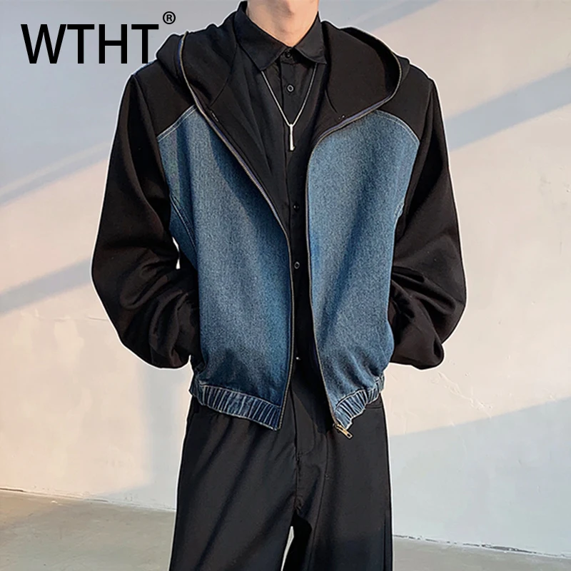 

WTHT Vintage Men's Spliced Contrast Color Loose Denim Coats Fashion Zipper Hooded Long Sleeves Jackets Male 2025 Autumn 2A1637