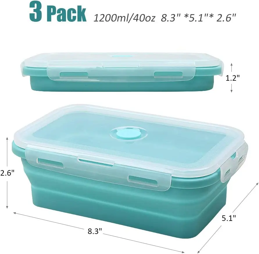 Silicone Food Storage Containers with Lids - 3 Pack Set 40oz/1200ml Collapsible Meal Prep Lunch Containers - Microwave, Freezer