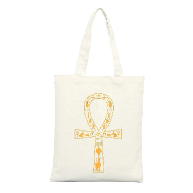 Canvas Tote Bag with Ancient Egyptian Ankh Symbol Print, Ideal for Casual Daily Use and Cultural Style Outings