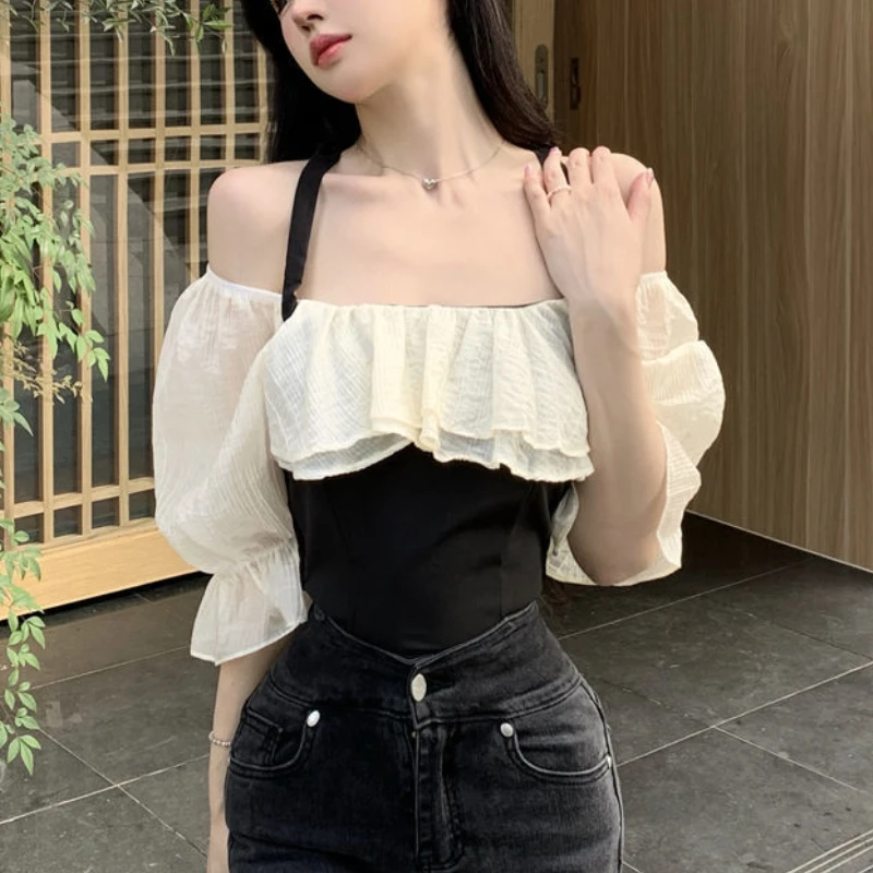 Cropped Blouses Women Ruffles Chic Sweet Vintage French Style Short-sleeve Aesthetic Halter Hot Summer Leisure Fashion Patchwork