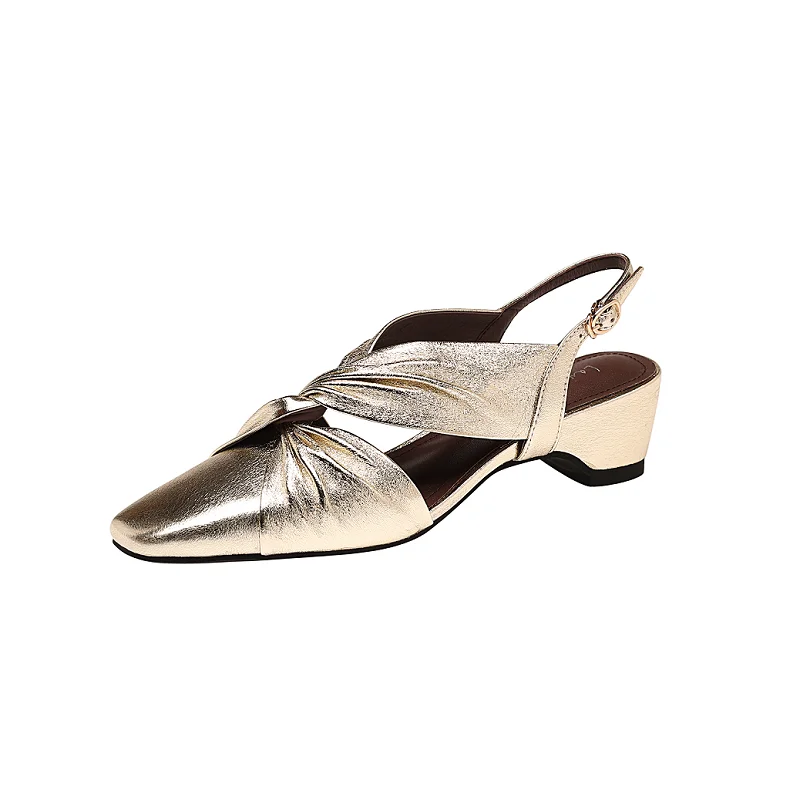 Women Sandals SquareHeel Slingbacks Summer Bowtie Sandals Closed Toe Party Wedding Handmade Real Leather Lady Dress Silver Shoes