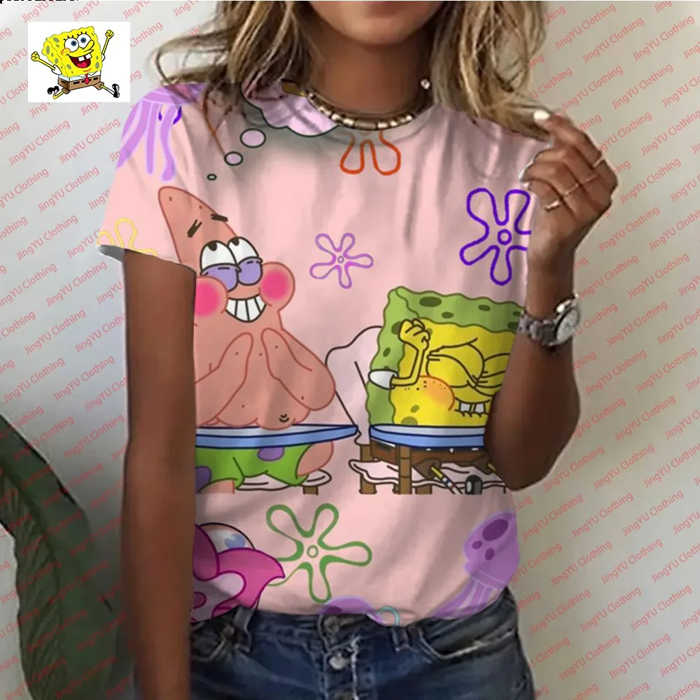 Camiseta informal de manga corta para mujer, Camiseta cómoda de dibujos animados de Bob Esponja, camiseta de dibujos animados, nueva moda de verano 2024