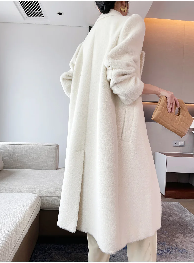 2023 High-end Winter White Alpaca Wool Coat Women New Long 100% Alpaca Wool Straight Cylinder Elegant Liner Thickened Warm Coat image 3
