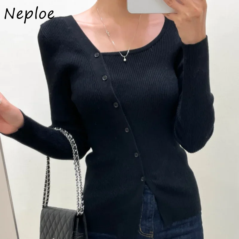 Neploe Square Collar Solid Color Long Sleeve Outerwear Off-shoulder Single-breasted Sweater Autumn Winter Vintage Cardigan Women