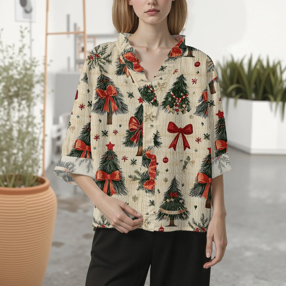 عيد الميلاد الحلو القوس طباعة المرأة بلوزة فقاعة كريب النسيج تكدرت طوق كم طويل أعلى لطيف جديد حزب ارتداء قميص أنيق #3