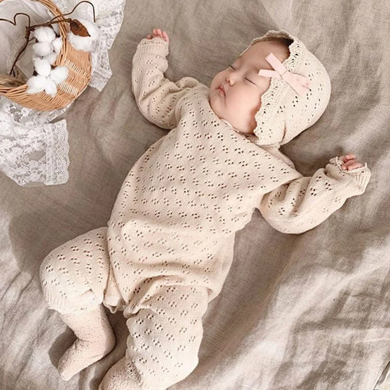 Newborn Baby Boys Girls Knitted Jumpsuit Climbing +Hat Suit Hollowed Out Clothing Romper Children\'s Casual Baby Soft Clothes