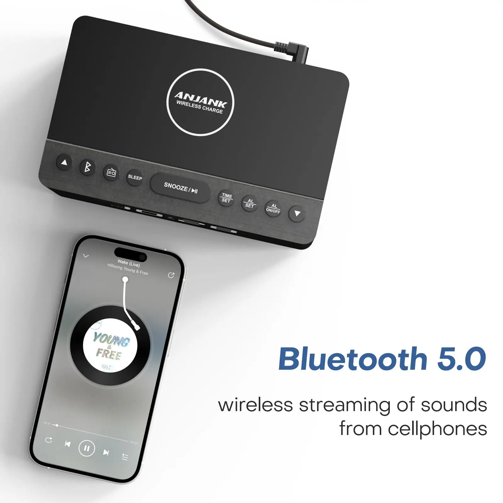 Anjank-木製のBluetoothスピーカー,目覚まし時計,FMラジオ,iPhone用ワイヤレス充電ステーション,Samsung,USB充電ポート,0〜100% 調光器