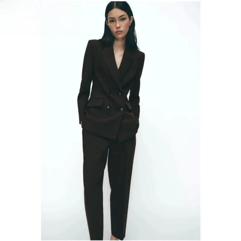 

Spring 2025 Double-Breasted Slim Fit Suit Casual Commute Sle Long Sve Pure Color Double-Breasted Suit Jaet And Pants