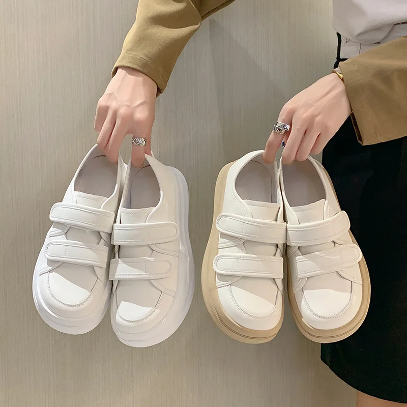 Women's Sneakers With Platform Shoes White Thick Sole Casual 2022 Canvas Fashion Autumn Rome Solid Round Toe Hook & Loop Basic F