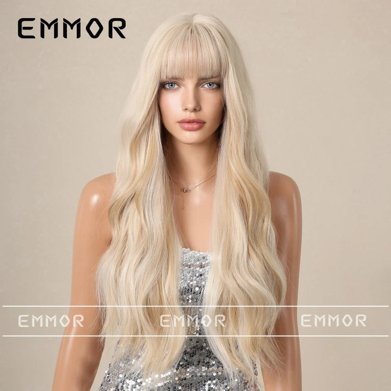 Full head wig with bangs, platinum blonde, Barbie style, large wavy long curly hair, voluminous blue waves
