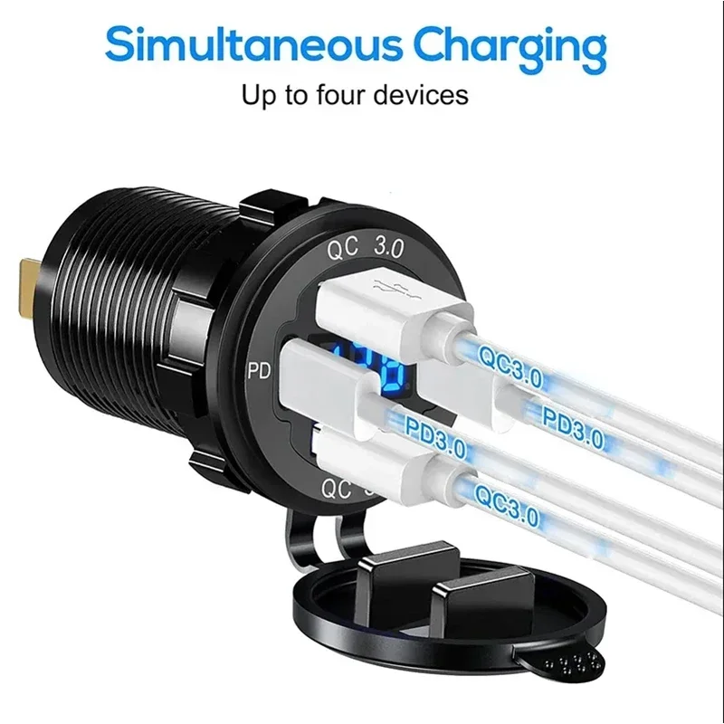 NOVO Carregador Veicular USB 117W com Dual PD e Dual QC 3.0, Adaptador de Tomada com Voltímetro à Prova d'Água para Carros e Barcos 12V/24V - Super Vendas