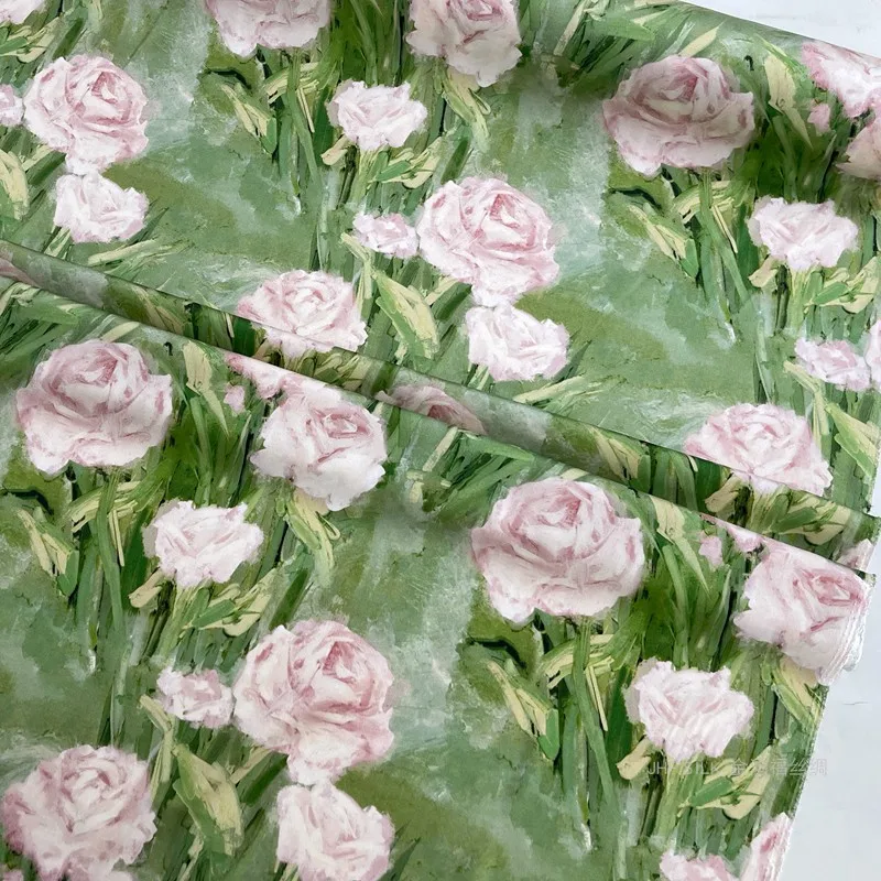 Oil Painting Powder Pink Rose Silk Fabric for Dresses, Shirts, Pants, Anti-wrinkle, Elasticity, Double Chiffon Satin